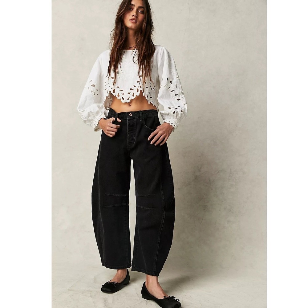 Free People We The Free Good Luck Barrel Jeans in Soundwave Washed Black Size 30